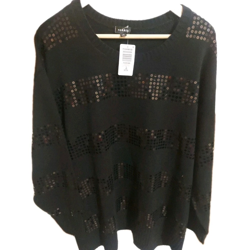 New Torrid Black Rib Crew Neck Sequin Long Sleeve Top Size 3X 22-24 Preppy Y2K